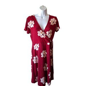 Old Navy Womens Wrap Dress S Red Floral Short Sleeve Rayon Coconut Girl Tropical